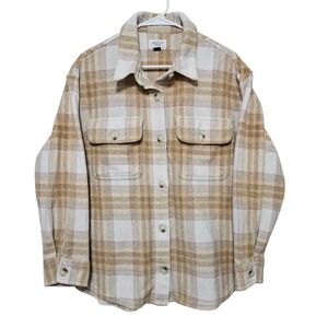 American Eagle Oversized Plaid Fleece Love Shacket Tan Pink Cream Med cozy women